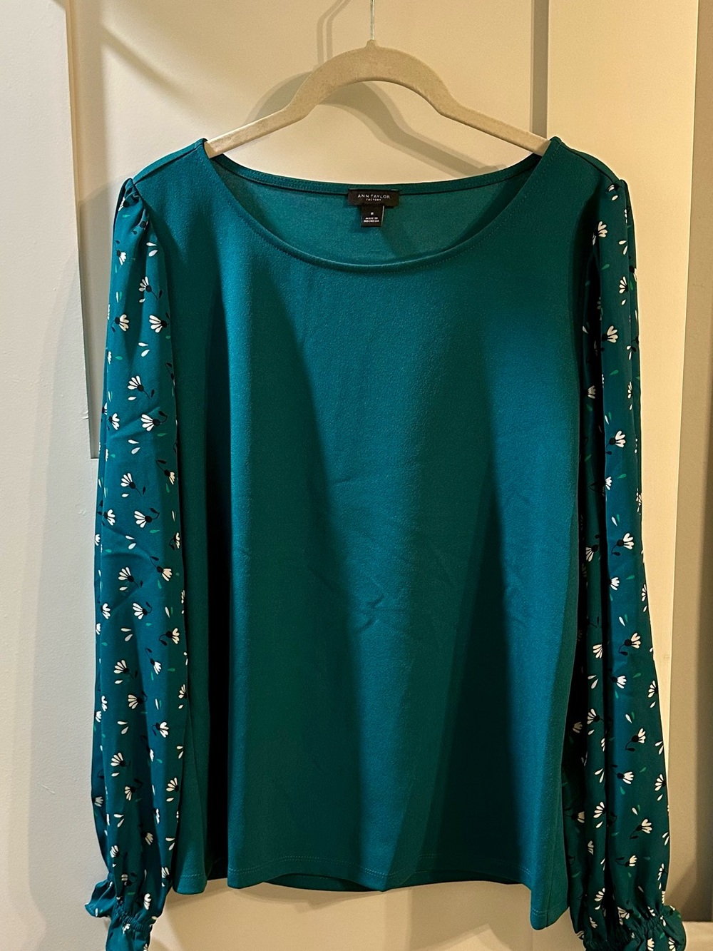 Ann Taylor Teal Blouse with Printed Sleeve Detail